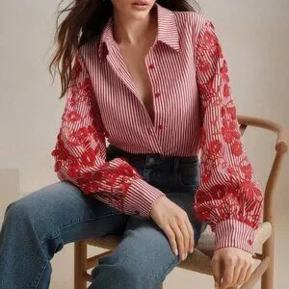 ZARA Multicolor Casual Women's Loose & Striped Patchwork Embroidered Shirt
